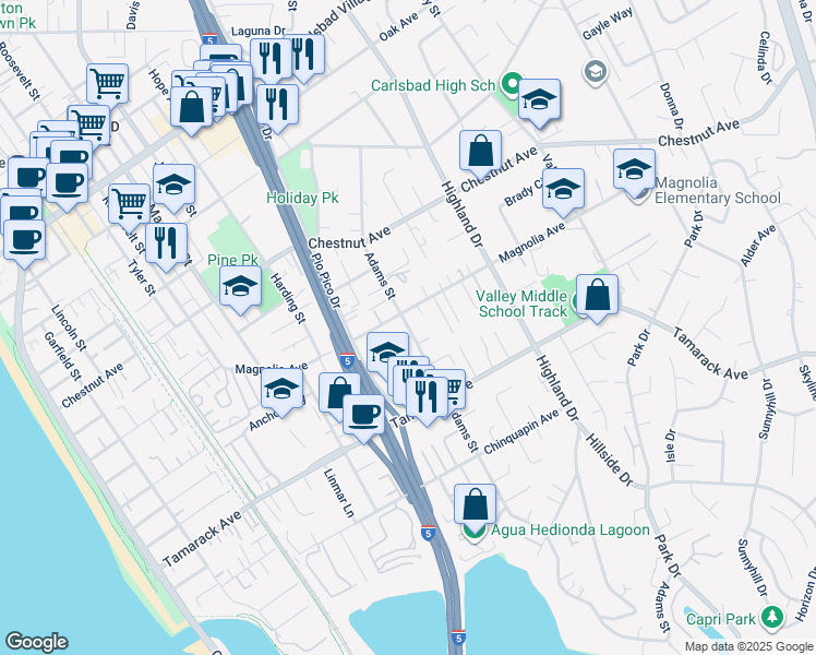 map of restaurants, bars, coffee shops, grocery stores, and more near 1098 Magnolia Avenue in Carlsbad