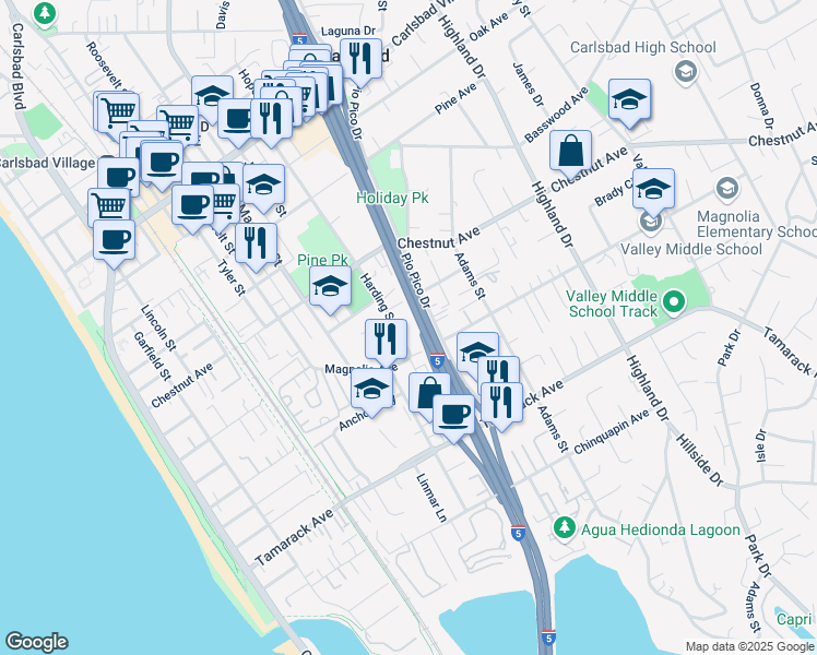 map of restaurants, bars, coffee shops, grocery stores, and more near 3568 Harding Street in Carlsbad