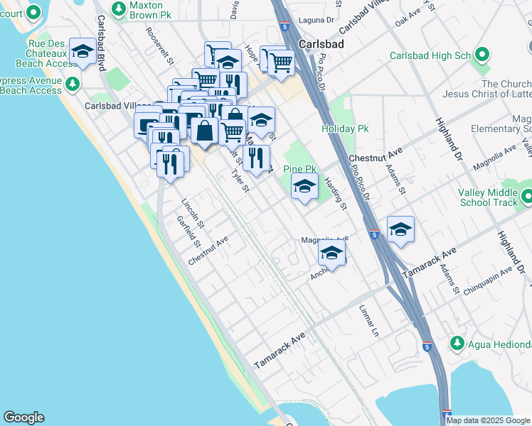 map of restaurants, bars, coffee shops, grocery stores, and more near 3356 Tyler Street in Carlsbad