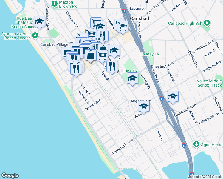 map of restaurants, bars, coffee shops, grocery stores, and more near 3356 Tyler Street in Carlsbad