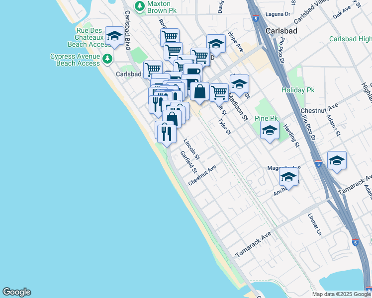 map of restaurants, bars, coffee shops, grocery stores, and more near 250 Pine Avenue in Carlsbad