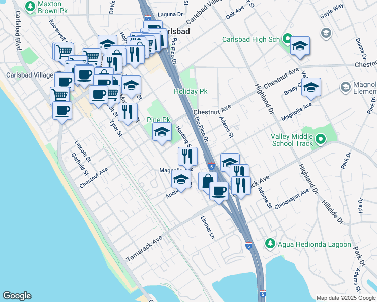 map of restaurants, bars, coffee shops, grocery stores, and more near 3593 Harding Street in Carlsbad
