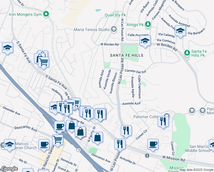 map of restaurants, bars, coffee shops, grocery stores, and more near 509 Avenida Verde in San Marcos