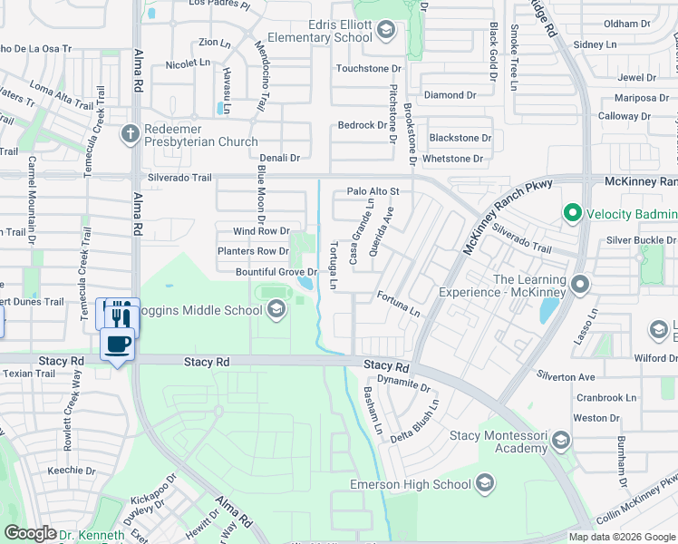 map of restaurants, bars, coffee shops, grocery stores, and more near 4420 Tortuga Lane in McKinney