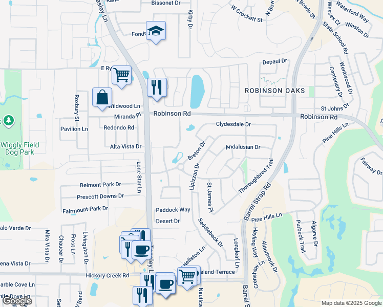 map of restaurants, bars, coffee shops, grocery stores, and more near 3107 Breton Drive in Denton