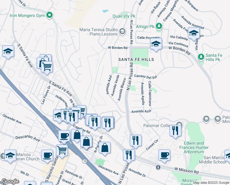 map of restaurants, bars, coffee shops, grocery stores, and more near 509 Avenida Verde in San Marcos