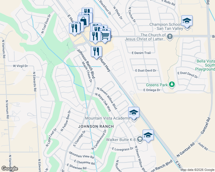 map of restaurants, bars, coffee shops, grocery stores, and more near 585 East Red Rock Trail in Queen Creek