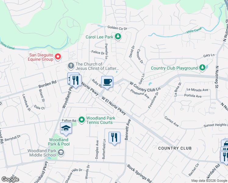 map of restaurants, bars, coffee shops, grocery stores, and more near 1762 Arroyo Glen in Escondido