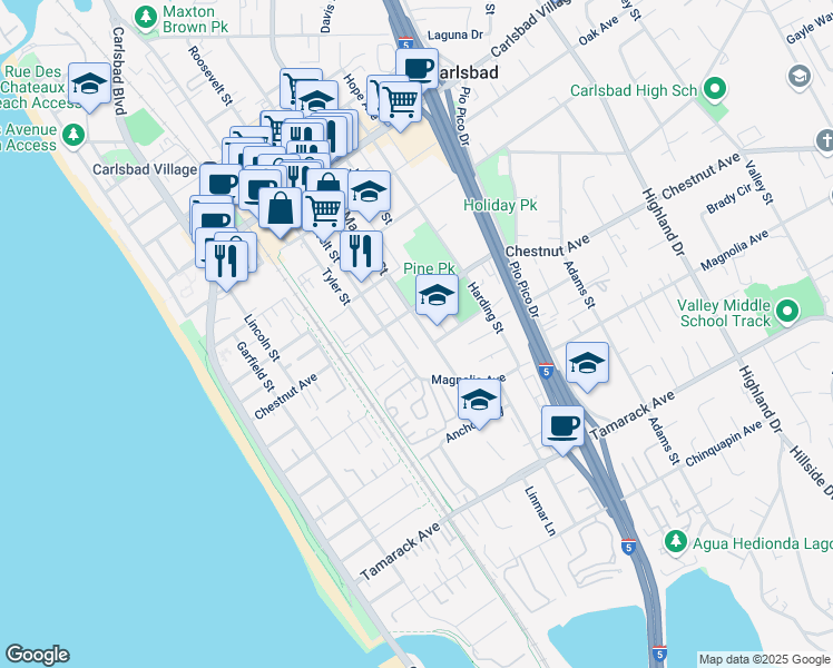 map of restaurants, bars, coffee shops, grocery stores, and more near 661 Chestnut Avenue in Carlsbad