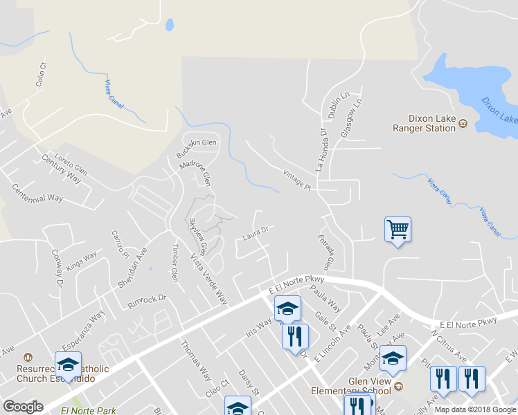 map of restaurants, bars, coffee shops, grocery stores, and more near 2106 Zachary Glen in Escondido
