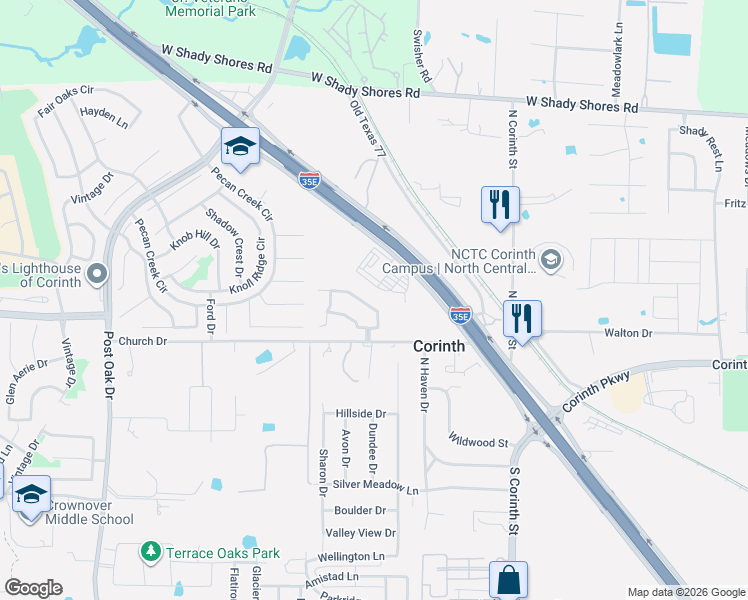 map of restaurants, bars, coffee shops, grocery stores, and more near 2721 Windstone Way in Corinth