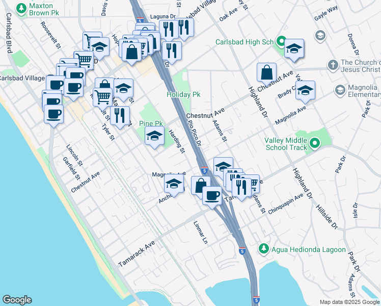map of restaurants, bars, coffee shops, grocery stores, and more near 3606 Harding Street in Carlsbad