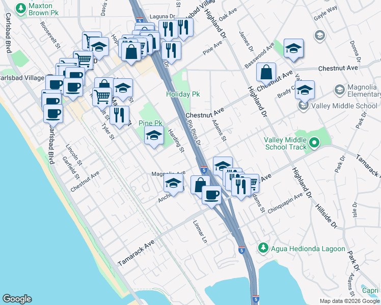 map of restaurants, bars, coffee shops, grocery stores, and more near 3606 Harding Street in Carlsbad