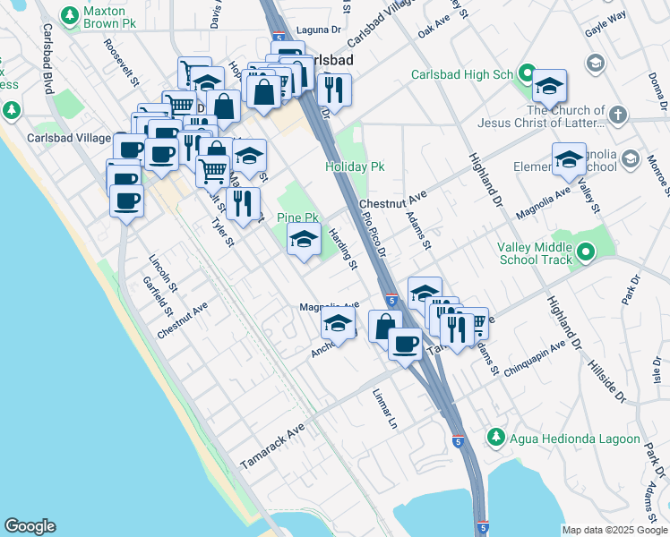map of restaurants, bars, coffee shops, grocery stores, and more near 820 Avocado Lane in Carlsbad