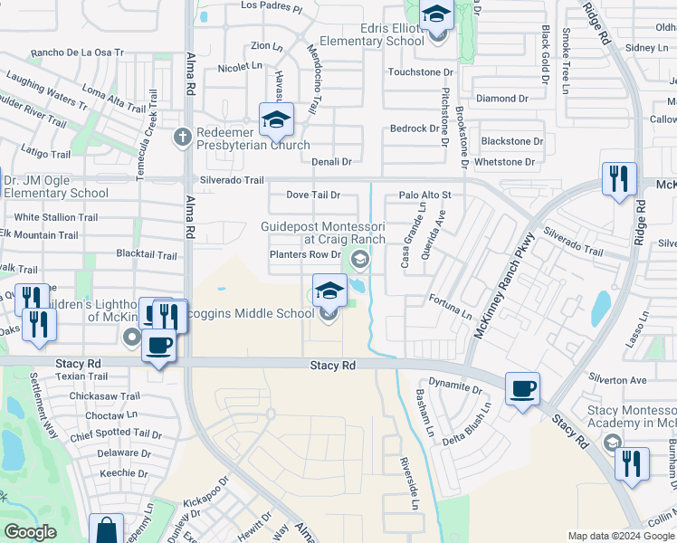 map of restaurants, bars, coffee shops, grocery stores, and more near 6900 Bountiful Grove Drive in McKinney