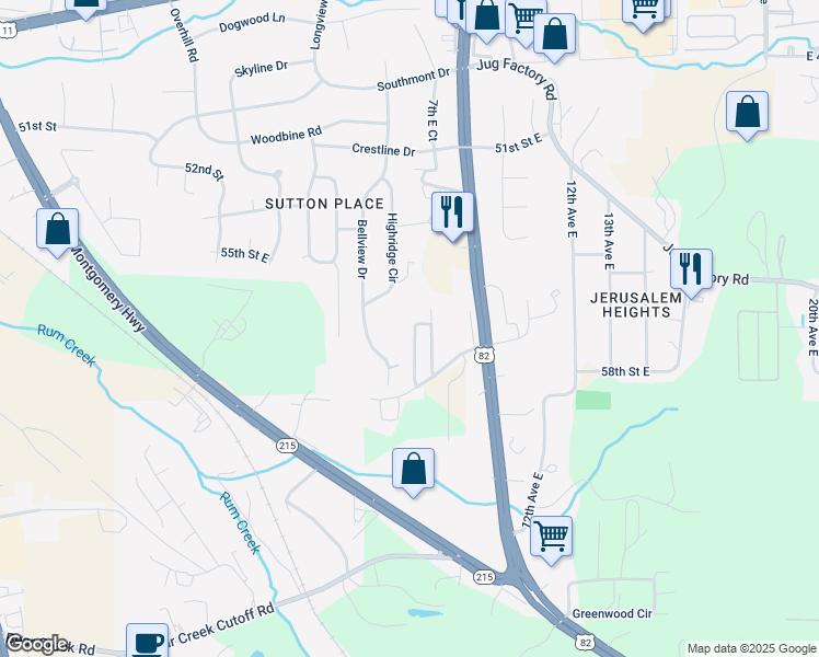map of restaurants, bars, coffee shops, grocery stores, and more near 5614 Morning Glory Lane in Tuscaloosa