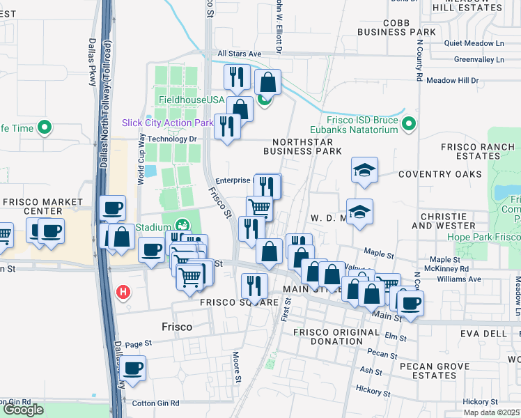 map of restaurants, bars, coffee shops, grocery stores, and more near 9355 John W. Elliott Drive in Frisco