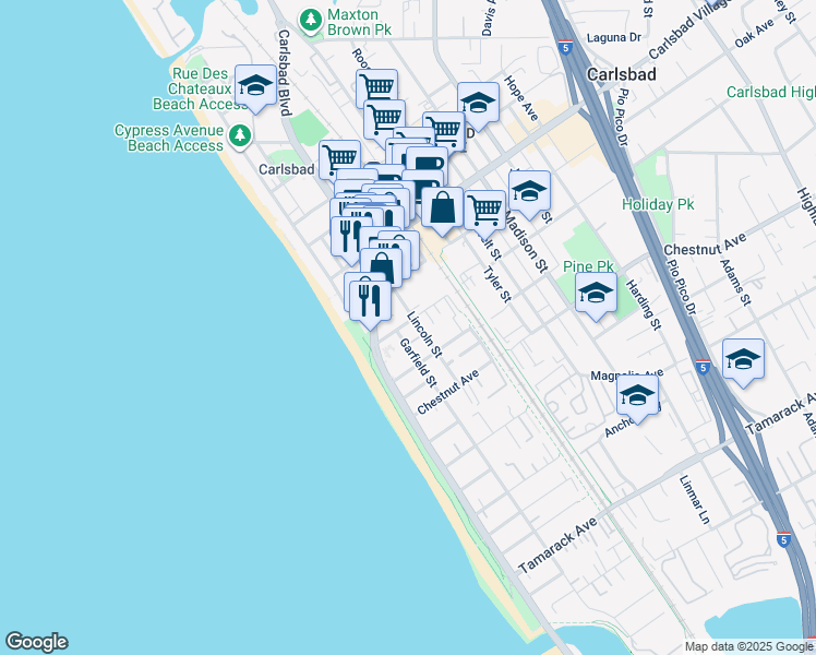 map of restaurants, bars, coffee shops, grocery stores, and more near 235 Pine Avenue in Carlsbad