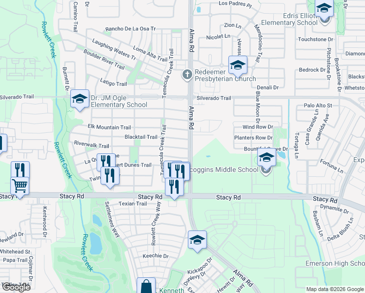 map of restaurants, bars, coffee shops, grocery stores, and more near 7808 Riverwalk Trail in McKinney