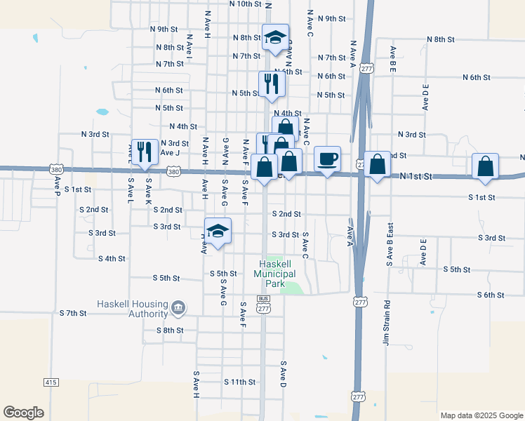 map of restaurants, bars, coffee shops, grocery stores, and more near 518 South 2nd Street in Haskell
