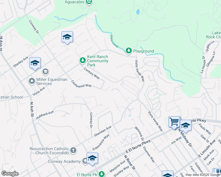 map of restaurants, bars, coffee shops, grocery stores, and more near 1814 Centennial Way in Escondido