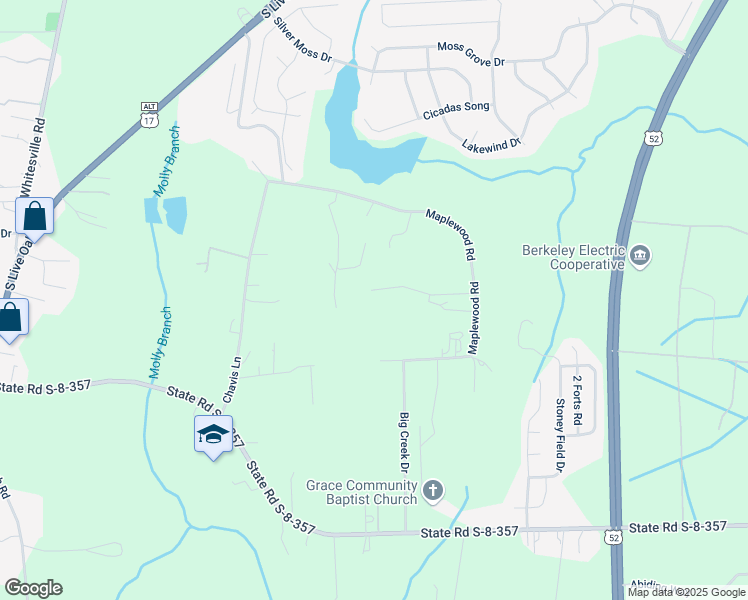 map of restaurants, bars, coffee shops, grocery stores, and more near 163 Majestic Acres Lane in Moncks Corner