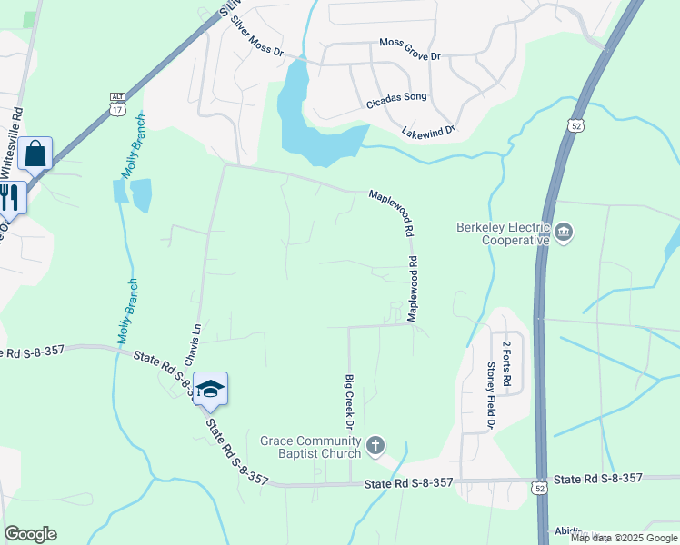 map of restaurants, bars, coffee shops, grocery stores, and more near 163 Majestic Acres Lane in Moncks Corner