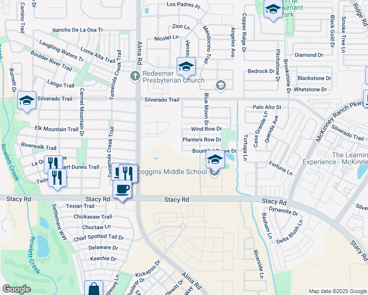 map of restaurants, bars, coffee shops, grocery stores, and more near 7117 Planters Row Drive in McKinney
