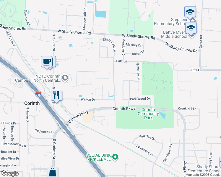 map of restaurants, bars, coffee shops, grocery stores, and more near 3415 Walton Drive in Corinth
