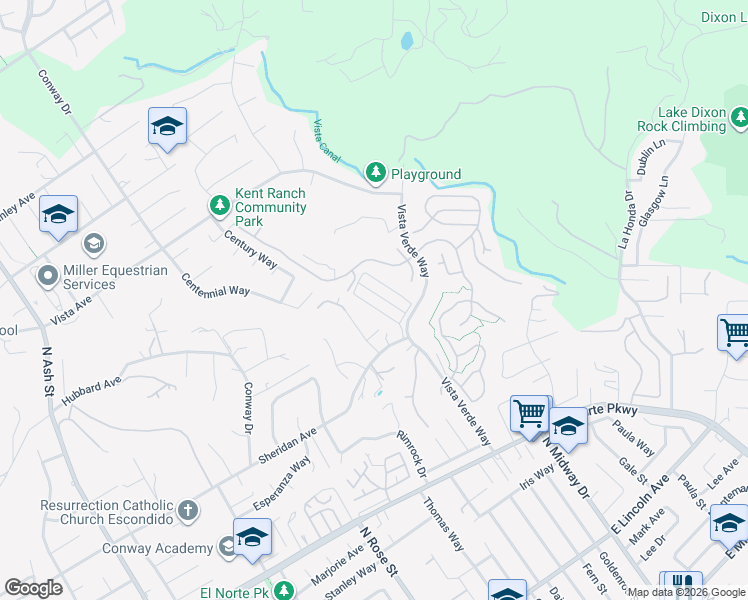 map of restaurants, bars, coffee shops, grocery stores, and more near 1924 Sheridan Avenue in Escondido