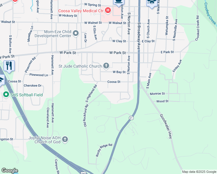map of restaurants, bars, coffee shops, grocery stores, and more near 305 West Coosa Street in Sylacauga