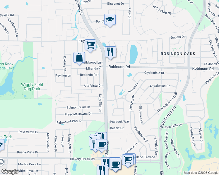 map of restaurants, bars, coffee shops, grocery stores, and more near 2424 Alta Vista Drive in Denton