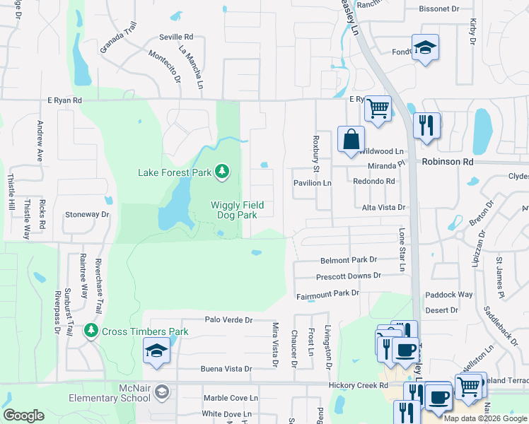 map of restaurants, bars, coffee shops, grocery stores, and more near 4216 Fanita Place in Denton