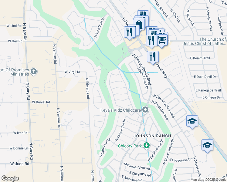 map of restaurants, bars, coffee shops, grocery stores, and more near 13 East Zinnia Place in Queen Creek