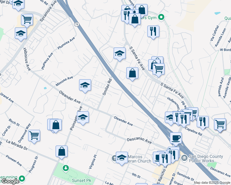 map of restaurants, bars, coffee shops, grocery stores, and more near 442 Smilax Road in San Marcos