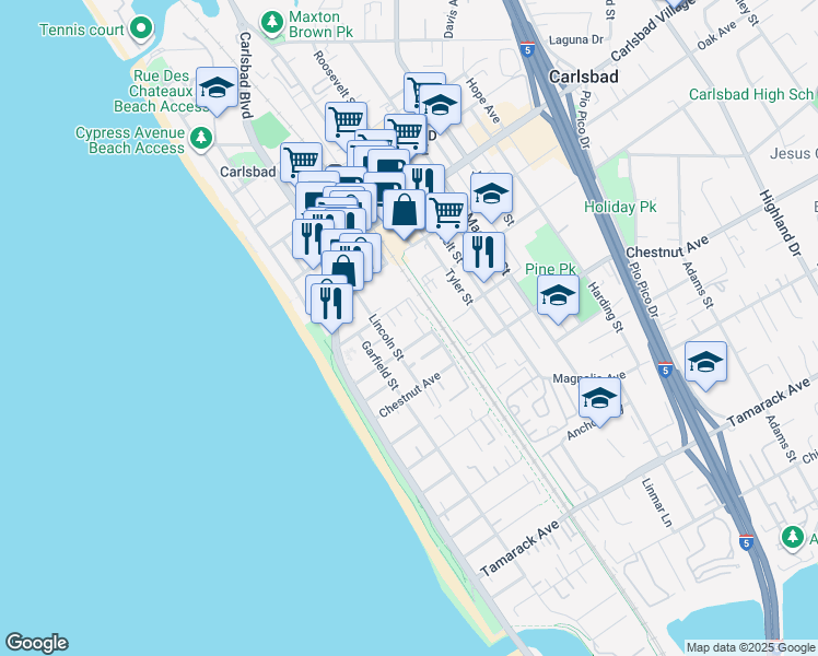 map of restaurants, bars, coffee shops, grocery stores, and more near 387 Pine Avenue in Carlsbad