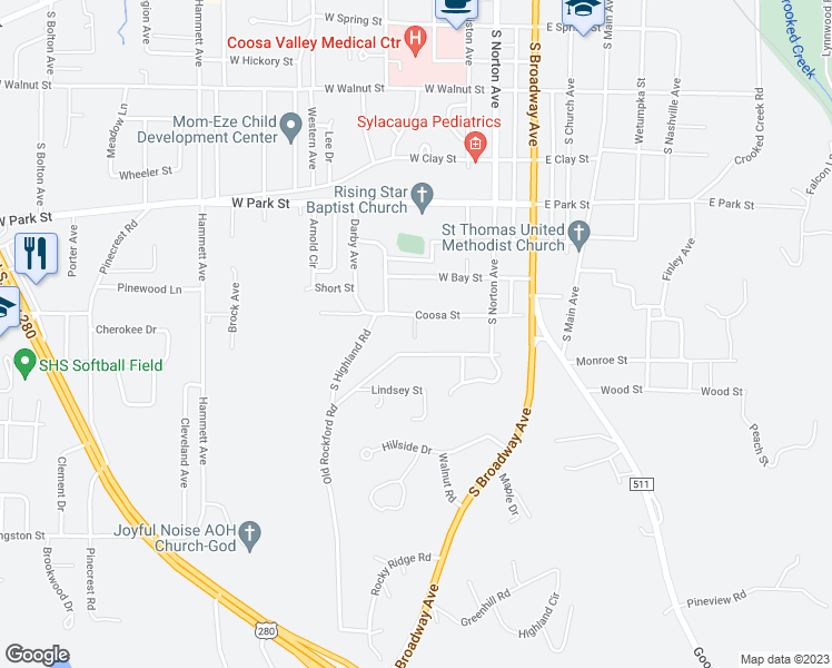 map of restaurants, bars, coffee shops, grocery stores, and more near 305 West Coosa Street in Sylacauga