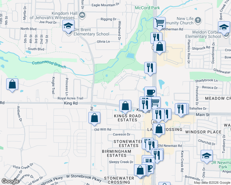 map of restaurants, bars, coffee shops, grocery stores, and more near 1605 Harbor Town Court in Frisco