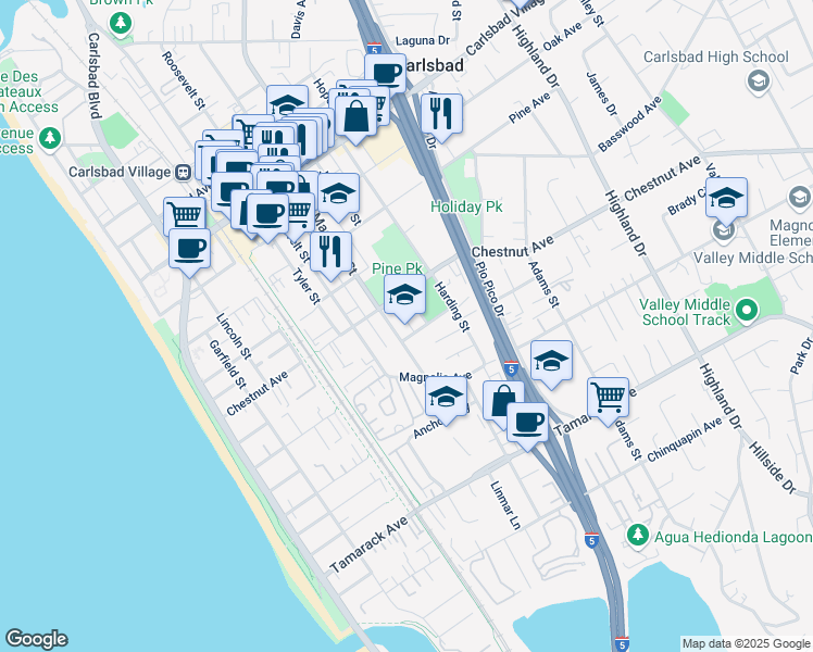map of restaurants, bars, coffee shops, grocery stores, and more near 3468 Madison Street in Carlsbad