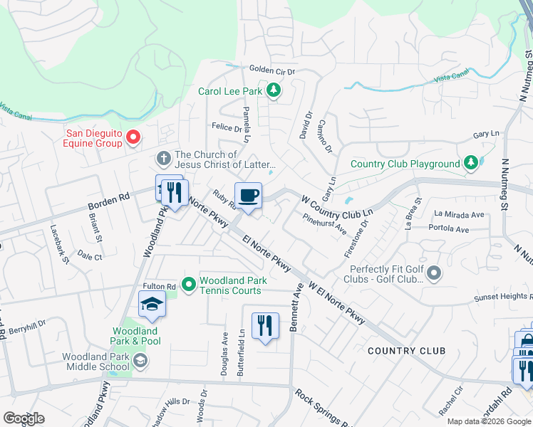 map of restaurants, bars, coffee shops, grocery stores, and more near 1764 Arroyo Glen in Escondido