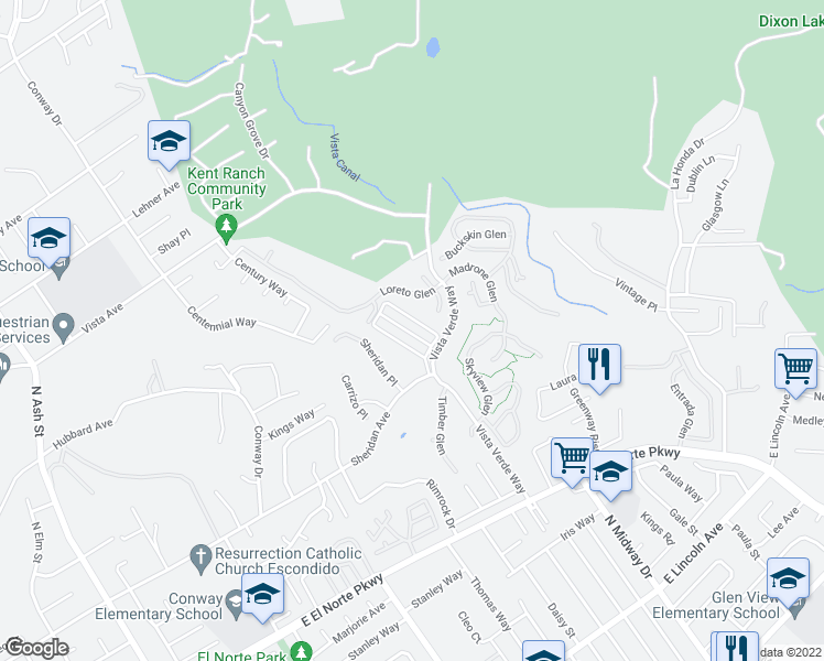 map of restaurants, bars, coffee shops, grocery stores, and more near 1924 Sheridan Avenue in Escondido