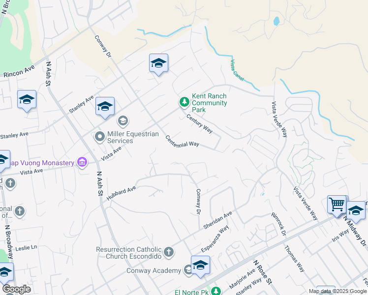 map of restaurants, bars, coffee shops, grocery stores, and more near 1907 Centennial Way in Escondido