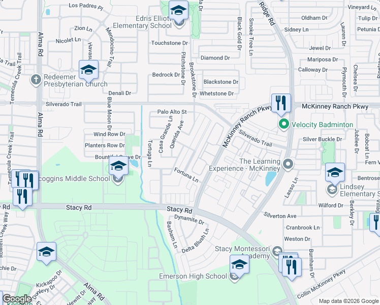 map of restaurants, bars, coffee shops, grocery stores, and more near 4409 Avenida Lane in McKinney