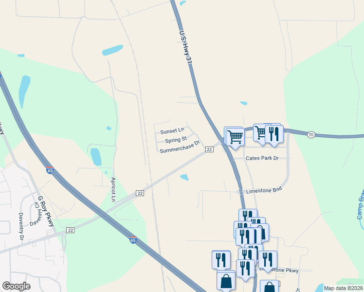 map of restaurants, bars, coffee shops, grocery stores, and more near 332 Summerchase Drive in Calera