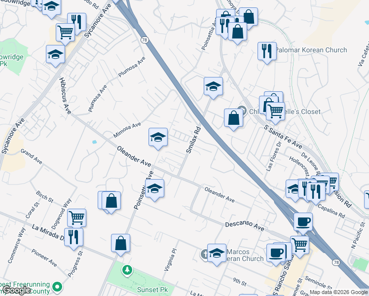 map of restaurants, bars, coffee shops, grocery stores, and more near 459 Smilax Road in Vista