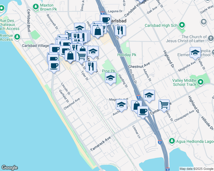 map of restaurants, bars, coffee shops, grocery stores, and more near 3468 Madison Street in Carlsbad