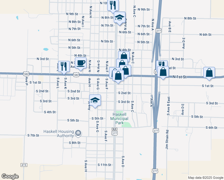 map of restaurants, bars, coffee shops, grocery stores, and more near 518 South 2nd Street in Haskell