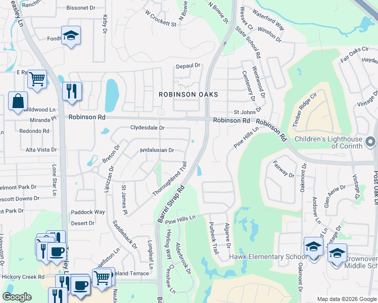 map of restaurants, bars, coffee shops, grocery stores, and more near 5717 Thoroughbred Trail in Denton