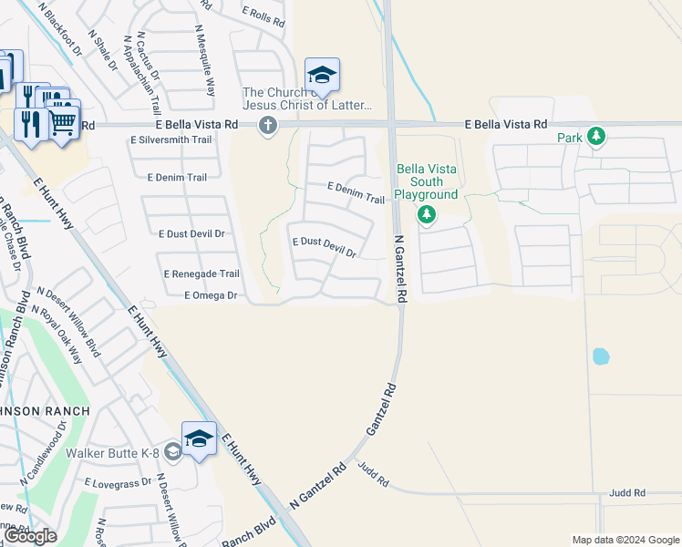 map of restaurants, bars, coffee shops, grocery stores, and more near 1830 East Renegade Trail in Queen Creek