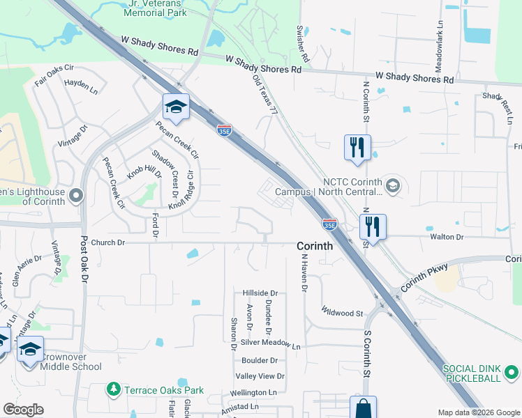 map of restaurants, bars, coffee shops, grocery stores, and more near 2721 Windstone Way in Corinth